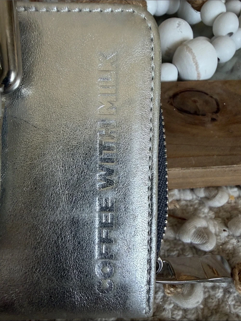 Coffee with milk  Metallic Silver Leather Zip Wallet with Buckle
